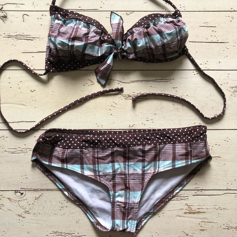 Split Aqua/Brown Plaid Racer Bikini